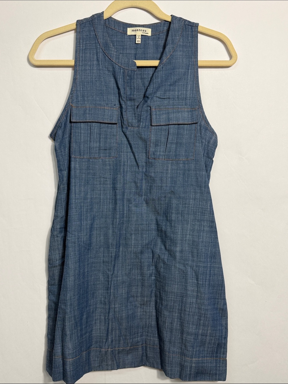 Monteau Los Angeles Blue Denim Sleeveless Utility Pocket Dress Size XS chambray